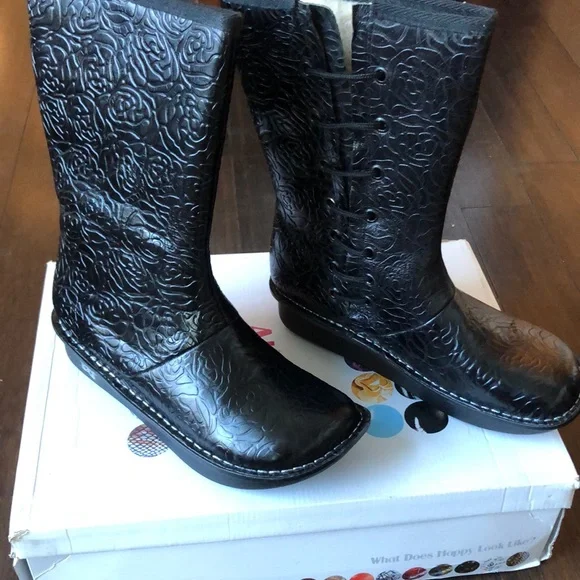 Alegria black emboss rose tall boots. Black. inner lace up. New in box! - Picture 2 of 10